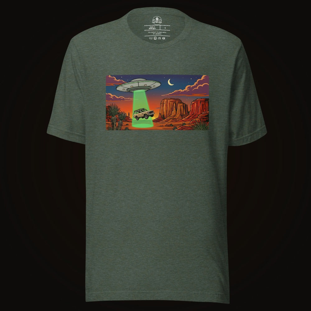 Heather Forest tee with the Desert Abduction Cruiser graphic