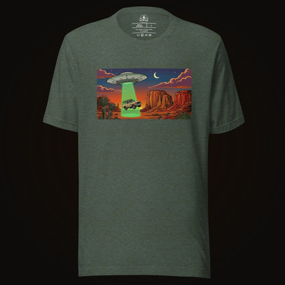 Heather Forest tee with the Desert Abduction Cruiser graphic