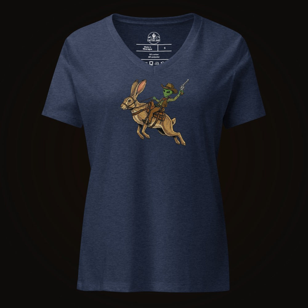 Heather Navy V-neck tee with the Alien Cowboy on a Desert Hare graphic