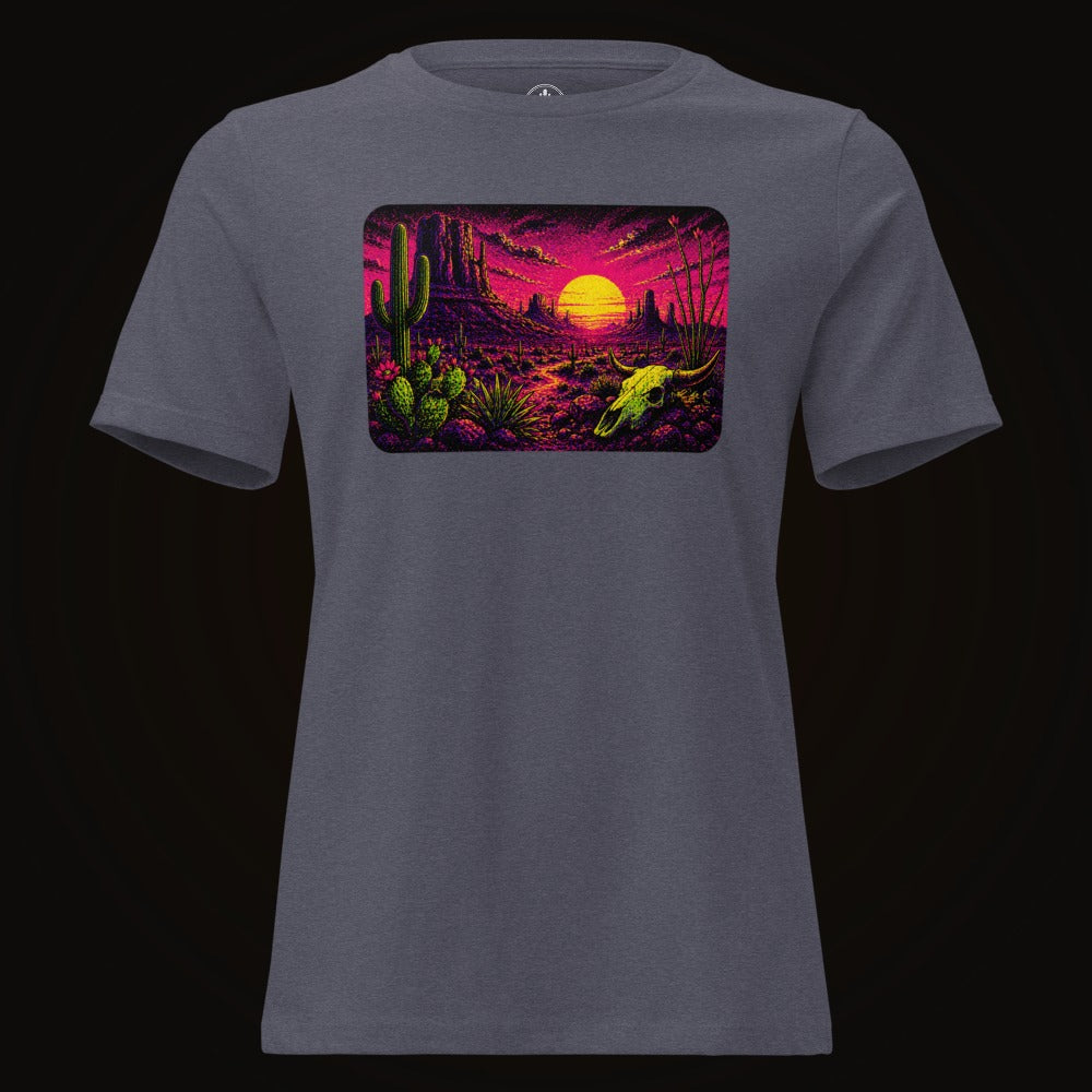 Heather Navy tee with the Blacklight Desert Skull Sunset graphic