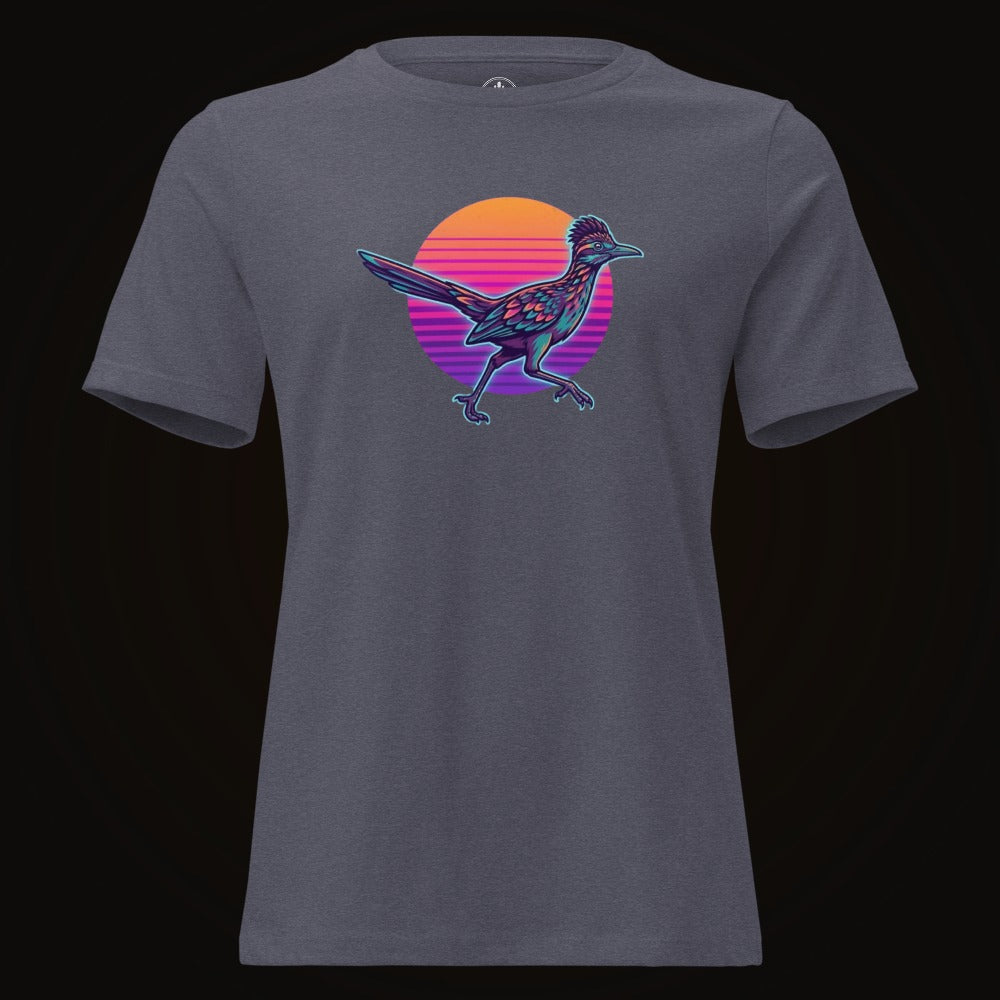 Heather Navy tee with the Synthwave Roadrunner Sunset graphic