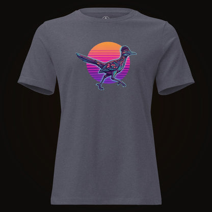 Heather Navy tee with the Synthwave Roadrunner Sunset graphic
