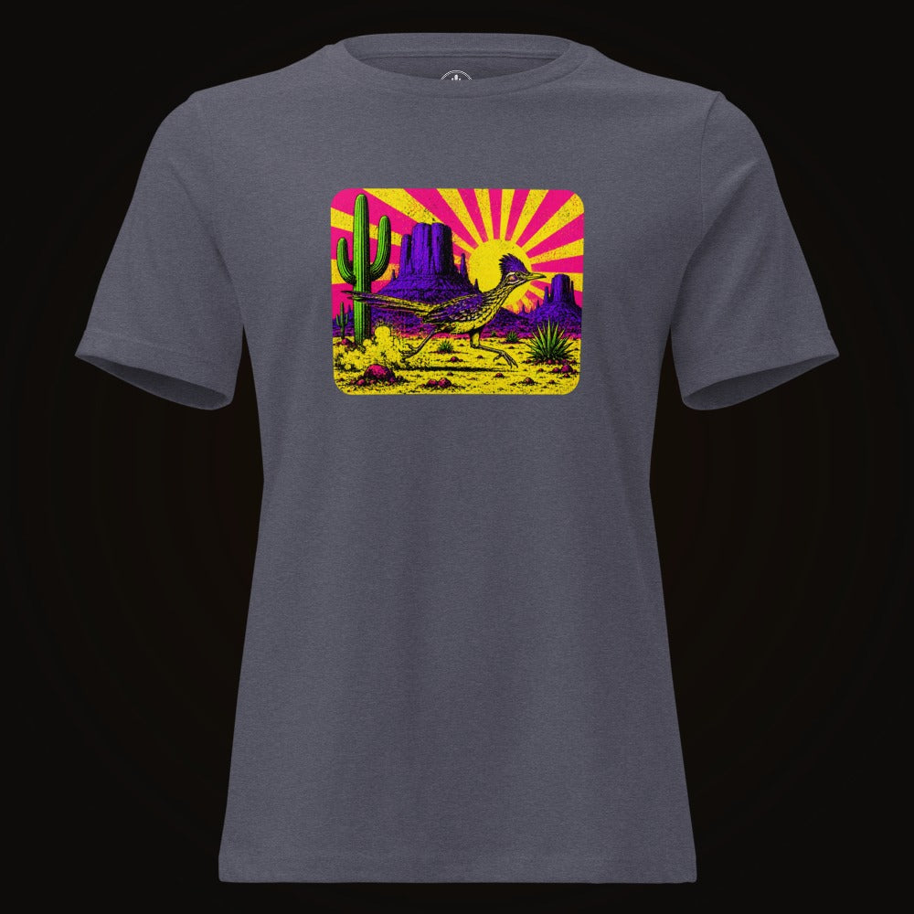Heather Navy tee with the Neon Roadrunner Monument Valley graphic