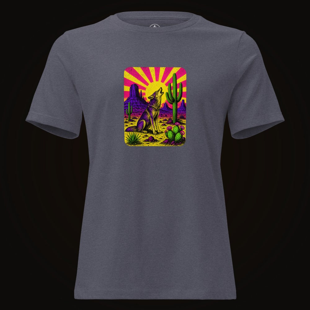 Heather Navy tee with the Neon Sunburst Howling Coyote graphic