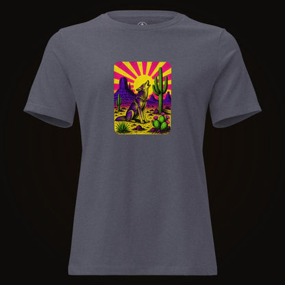 Heather Navy tee with the Neon Sunburst Howling Coyote graphic