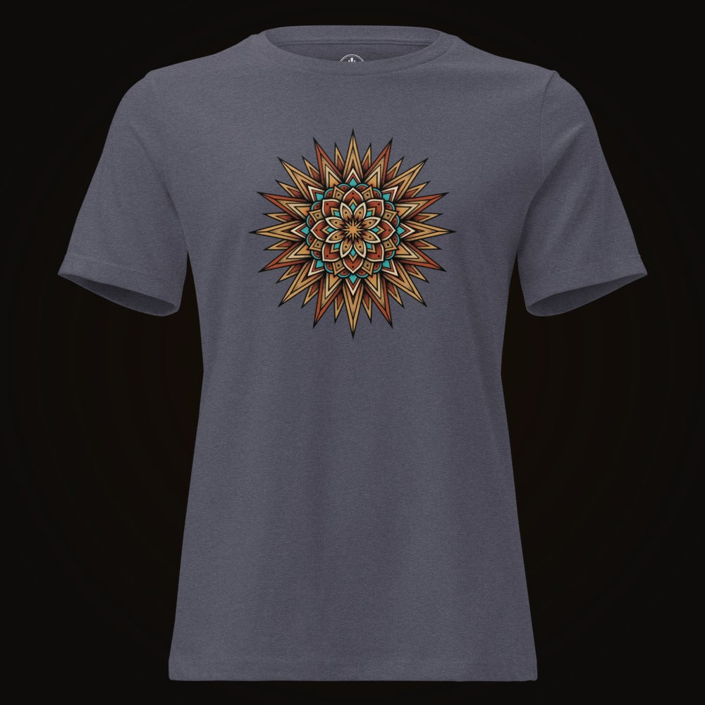 Heather Navy tee with the Desert Sun Mandala graphic