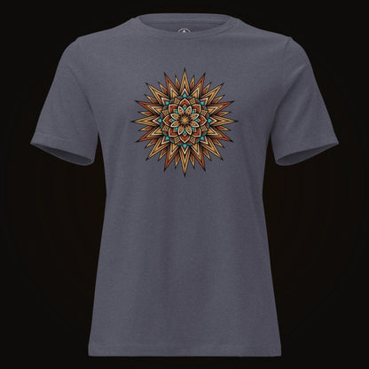 Heather Navy tee with the Desert Sun Mandala graphic