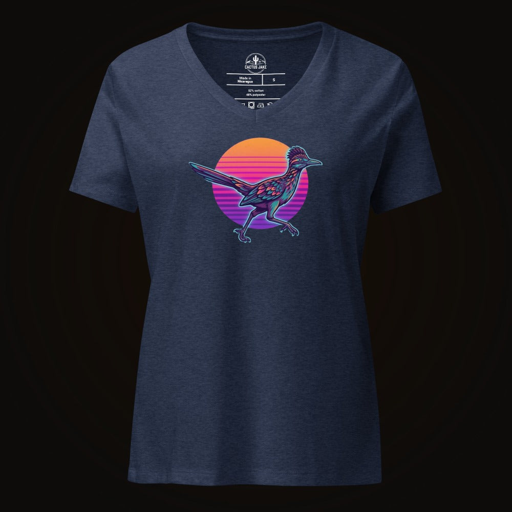 Heather Navy V-neck tee with the Synthwave Roadrunner Sunset graphic