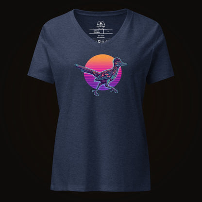 Heather Navy V-neck tee with the Synthwave Roadrunner Sunset graphic