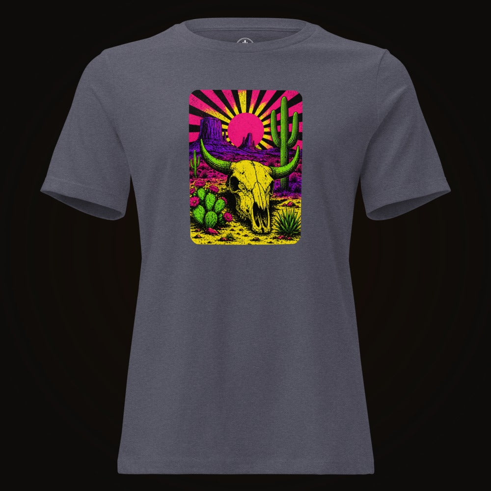 Heather Navy tee with the Neon Skull Sunburst Desert graphic