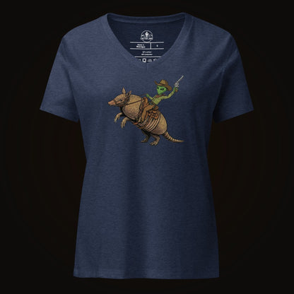 Heather Navy V-neck tee with the Alien Cowboy Armadillo Rider graphic