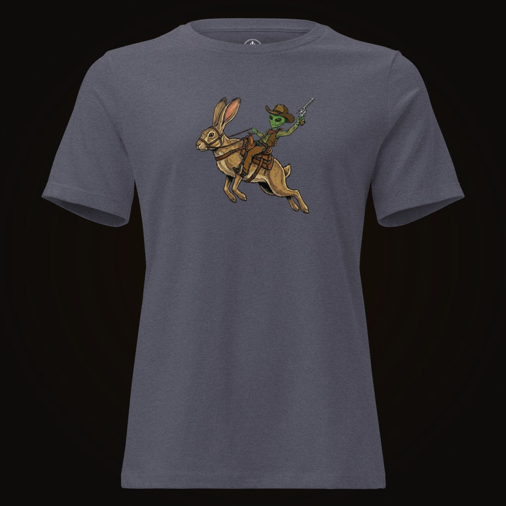 Heather Navy tee with the Alien Cowboy Jack Rabbit graphic