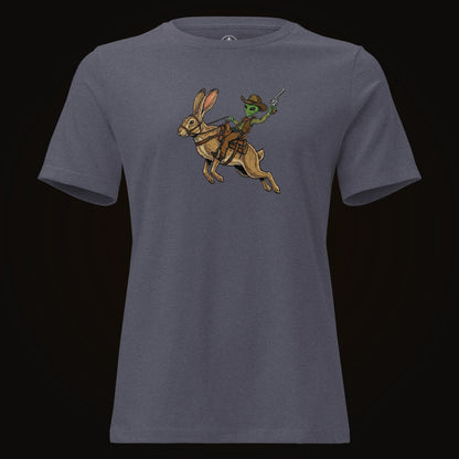 Heather Navy tee with the Alien Cowboy Jack Rabbit graphic
