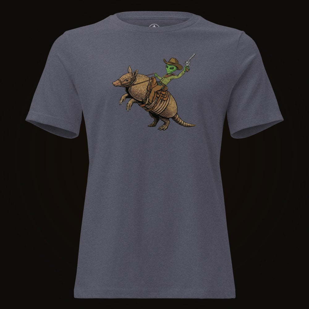 Heather Navy tee with the Alien Cowboy Armadillo Rider graphic