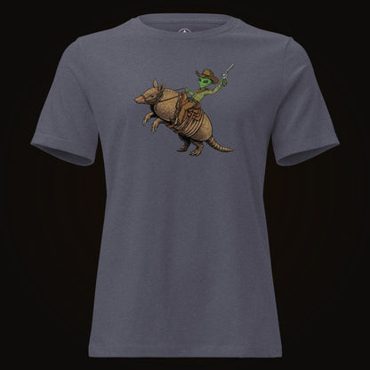 Heather Navy tee with the Alien Cowboy Armadillo Rider graphic