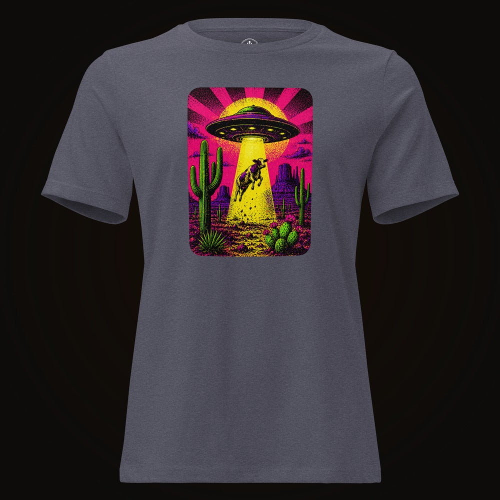 Heather Navy tee with the Neon Cow Abduction graphic