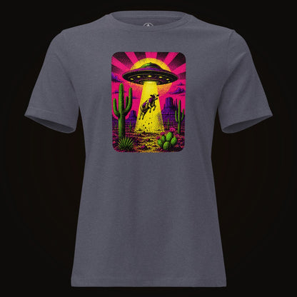 Heather Navy tee with the Neon Cow Abduction graphic