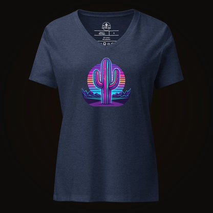 Heather Navy V-neck tee with the 80S Neon Gradient Saguaro graphic