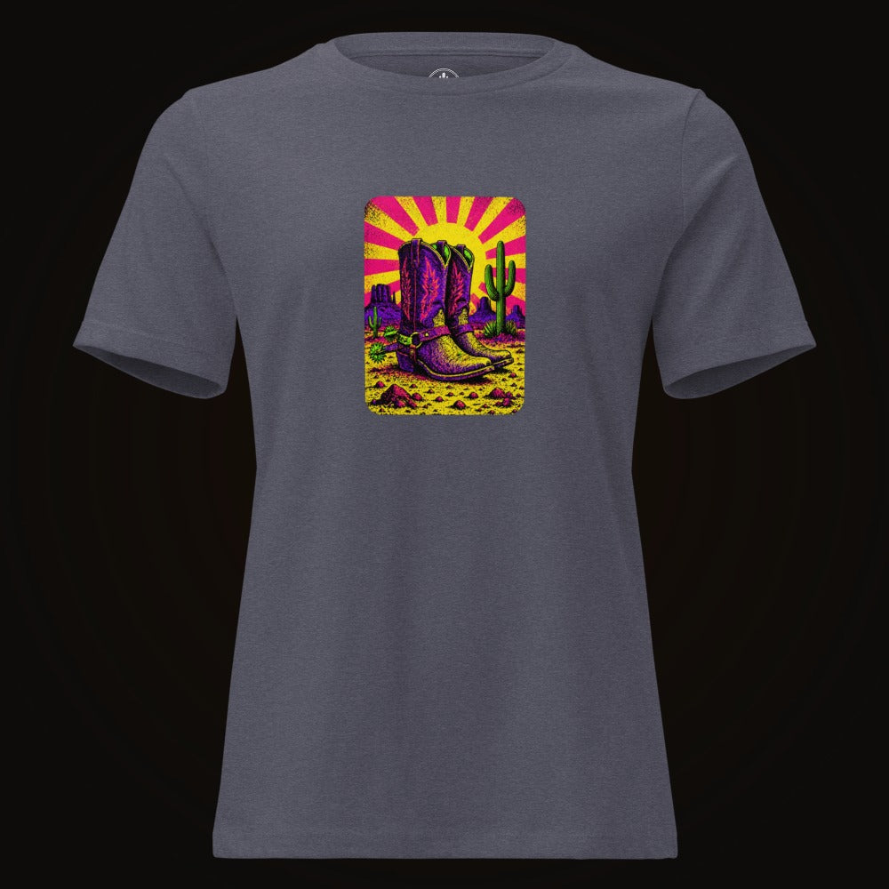 Heather Navy tee with the Neon Sunburst Boots graphic