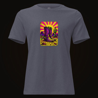 Heather Navy tee with the Neon Sunburst Boots graphic