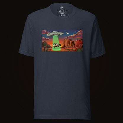 Heather Navy tee with the Desert Abduction Cruiser graphic