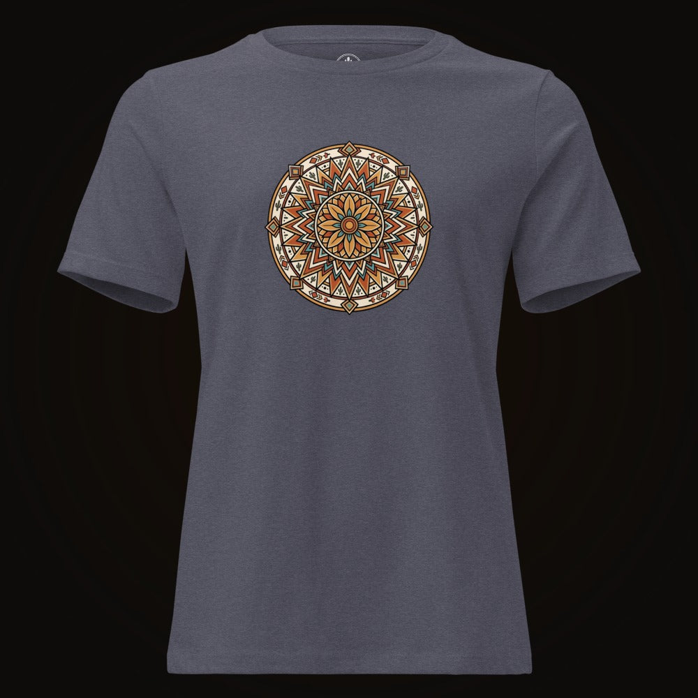 Heather Navy tee with the Desert Bloom Mandala graphic