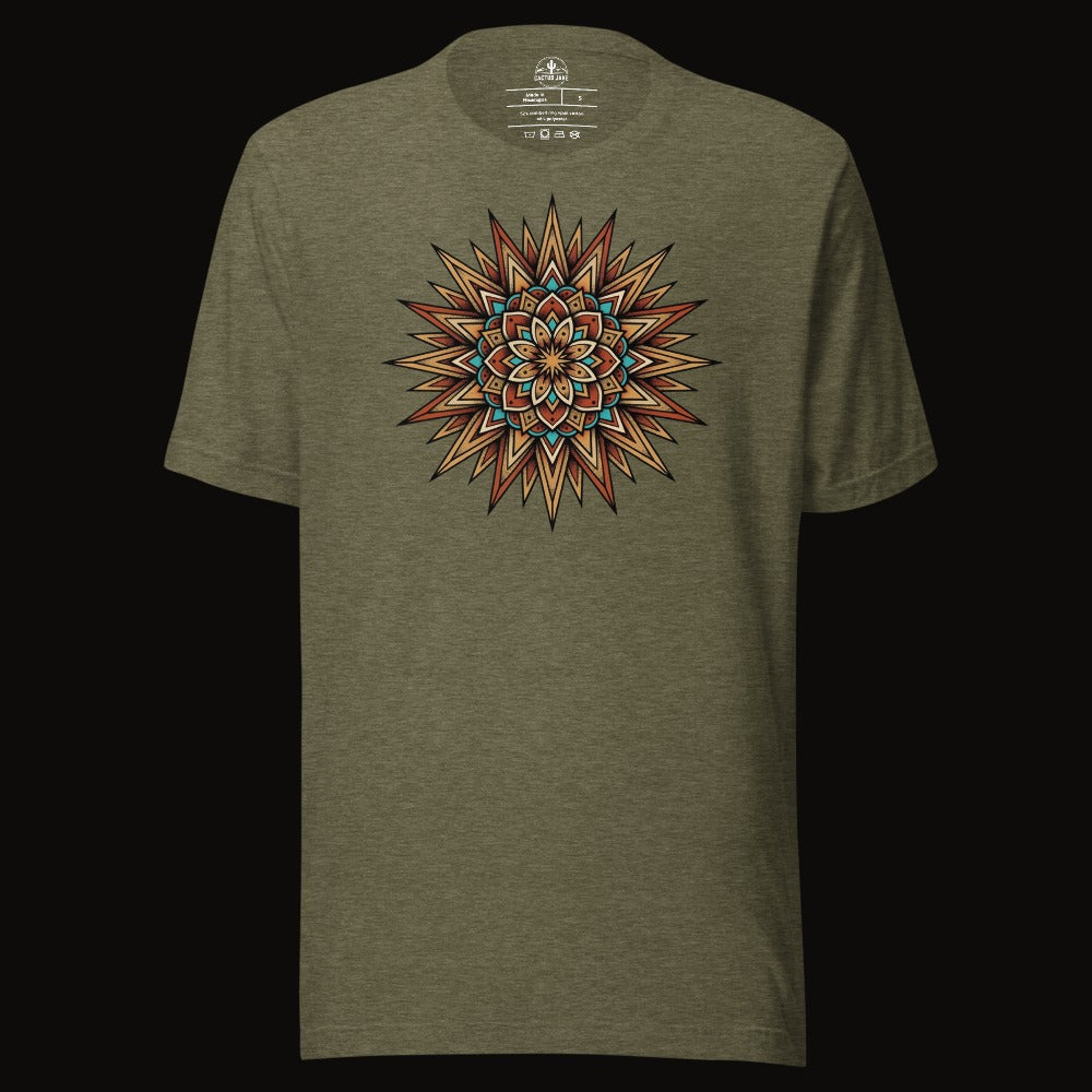 Heather Olive tee with the Turquoise Burst Mandala graphic