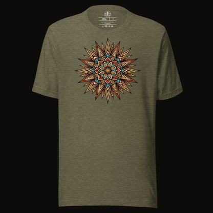 Heather Olive tee with the Turquoise Burst Mandala graphic