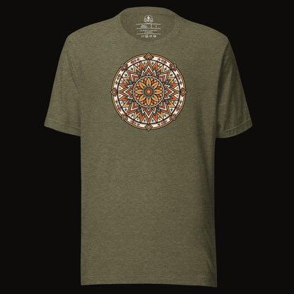 Heather Olive tee with the Desert Sunburst Mandala graphic