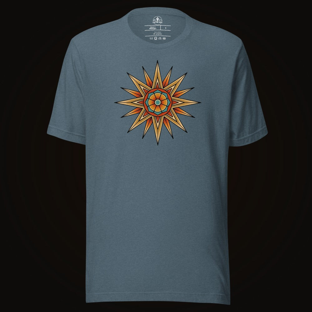 Heather Slate tee with the Compass Star Mandala graphic