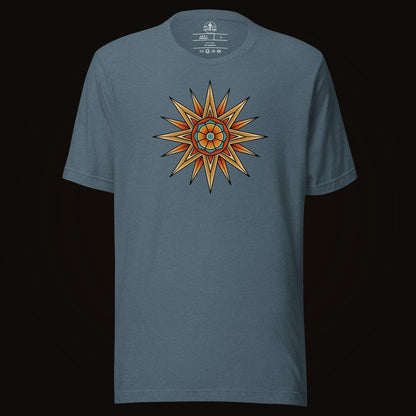Heather Slate tee with the Compass Star Mandala graphic