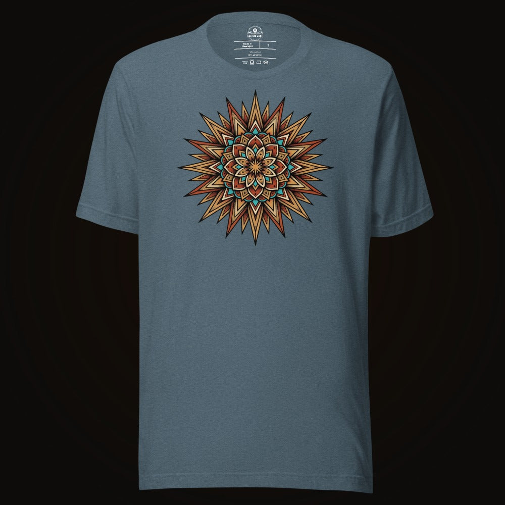 Heather Slate tee with the Turquoise Burst Mandala graphic