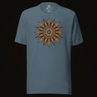 Heather Slate tee with the Turquoise Burst Mandala graphic