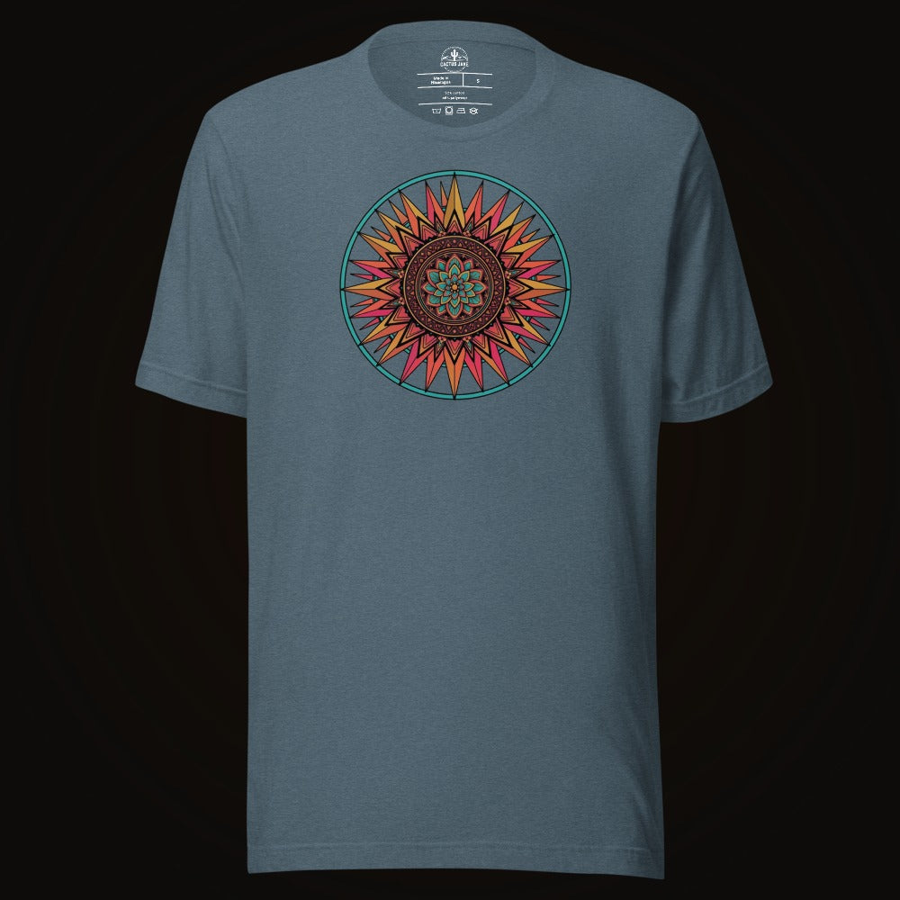 Heather Slate tee with the Sunset Mandala graphic