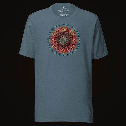 Heather Slate tee with the Sunset Mandala graphic