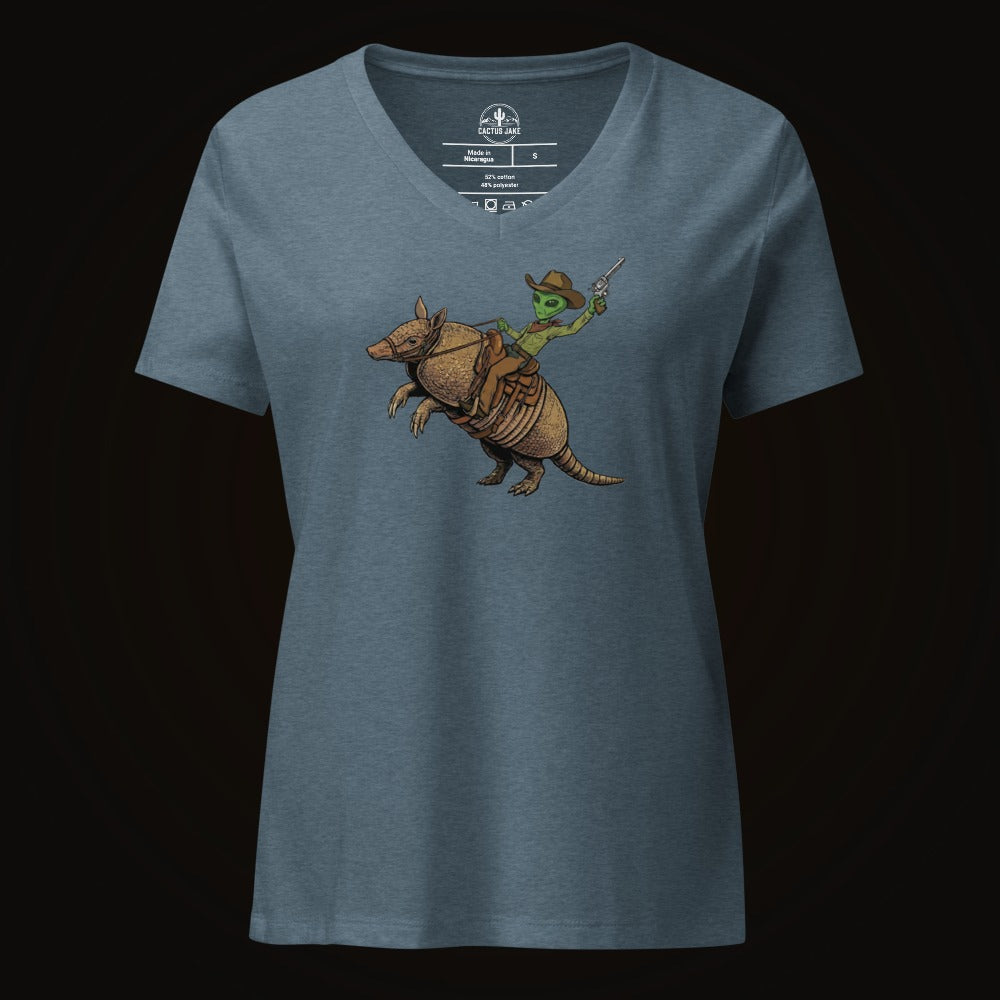 Heather Slate V-neck tee with the Alien Cowboy Armadillo Rider graphic