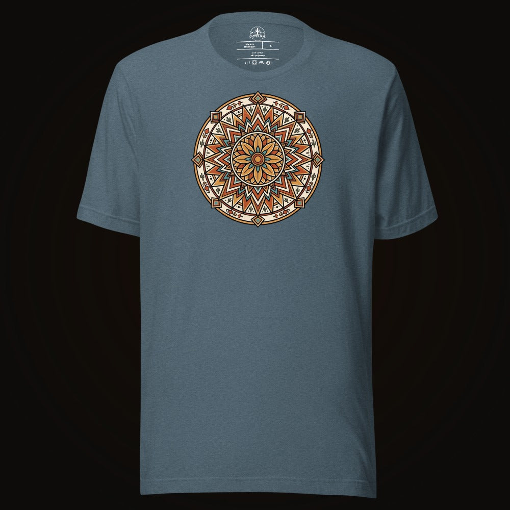 Heather Slate tee with the Desert Sunburst Mandala graphic