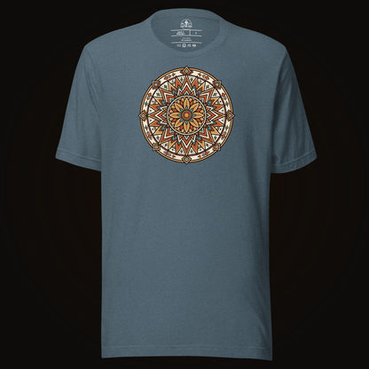 Heather Slate tee with the Desert Sunburst Mandala graphic