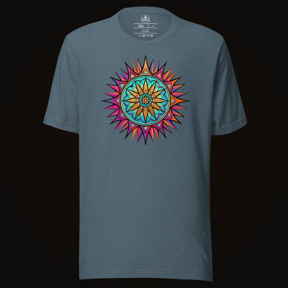 Heather Slate tee with the Neon Gradient Mandala graphic