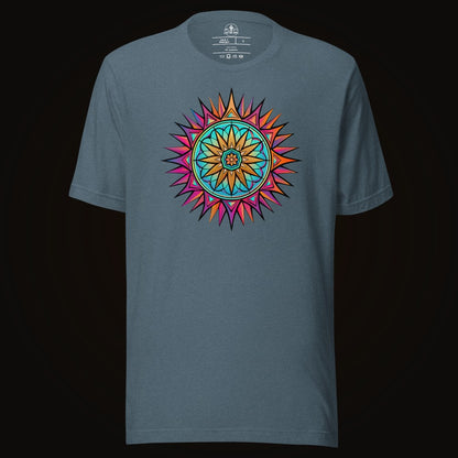 Heather Slate tee with the Neon Gradient Mandala graphic