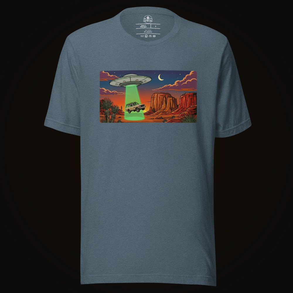 Heather Slate tee with the Desert Abduction Cruiser graphic