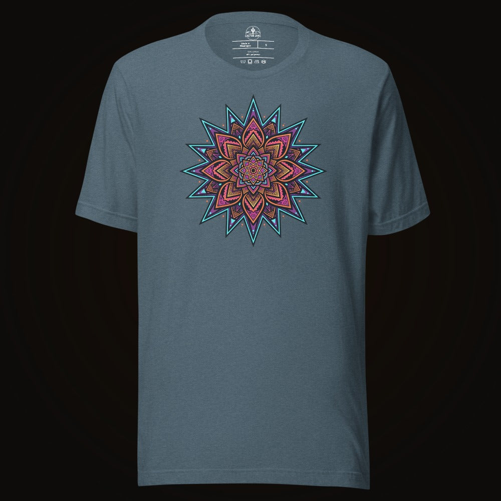Heather Slate tee with the Neon Burst Mandala graphic