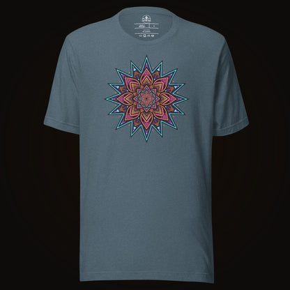 Heather Slate tee with the Neon Burst Mandala graphic