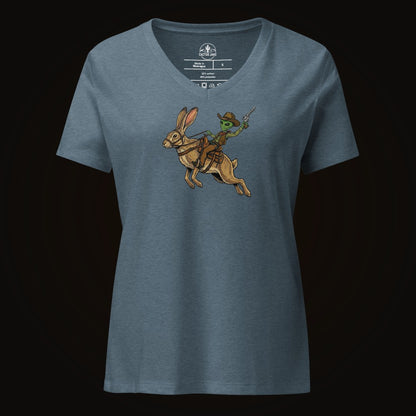 Heather Slate V-neck tee with the Alien Cowboy on a Desert Hare graphic