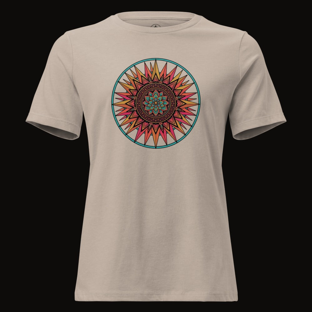 Heather Stone tee with the Teal Ring Sunset Mandala graphic