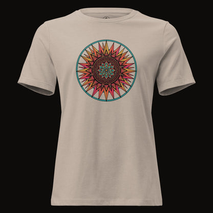 Heather Stone tee with the Teal Ring Sunset Mandala graphic