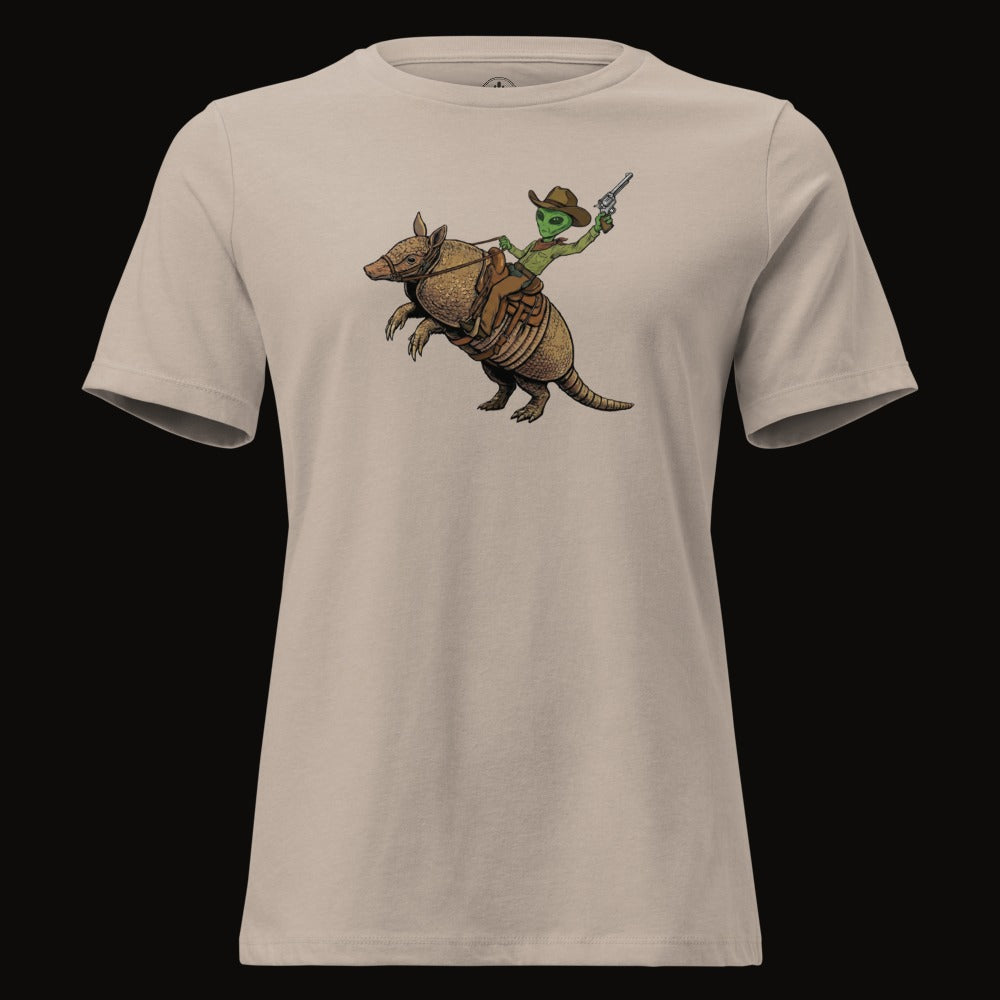 Heather Stone tee with the Alien Cowboy Armadillo Rider graphic