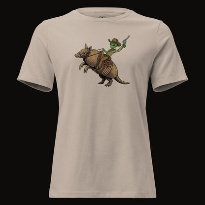 Heather Stone tee with the Alien Cowboy Armadillo Rider graphic