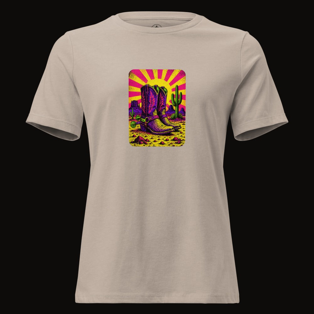 Heather Stone tee with the Neon Sunburst Boots graphic
