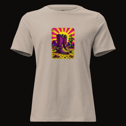 Heather Stone tee with the Neon Sunburst Boots graphic